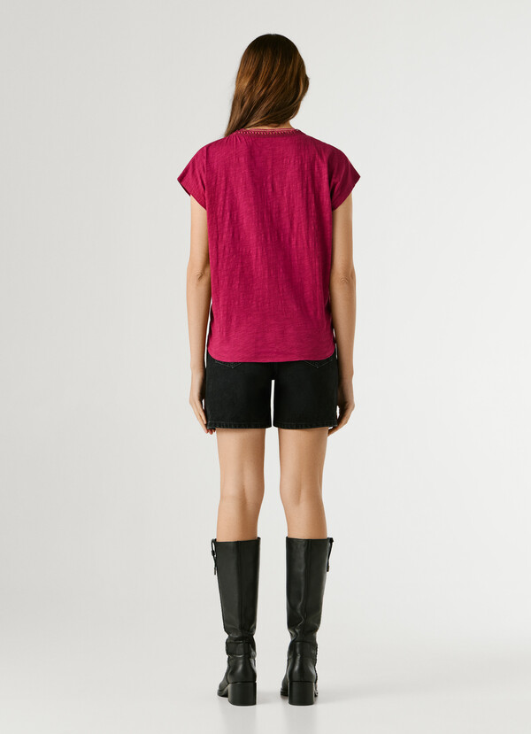 V-NECK T-SHIRT WITH OPENWORK DETAILS