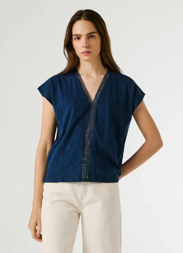 V-NECK T-SHIRT WITH OPENWORK DETAILS