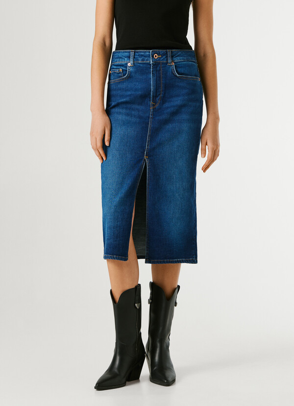 SLIM FIT DENIM MIDI SKIRT