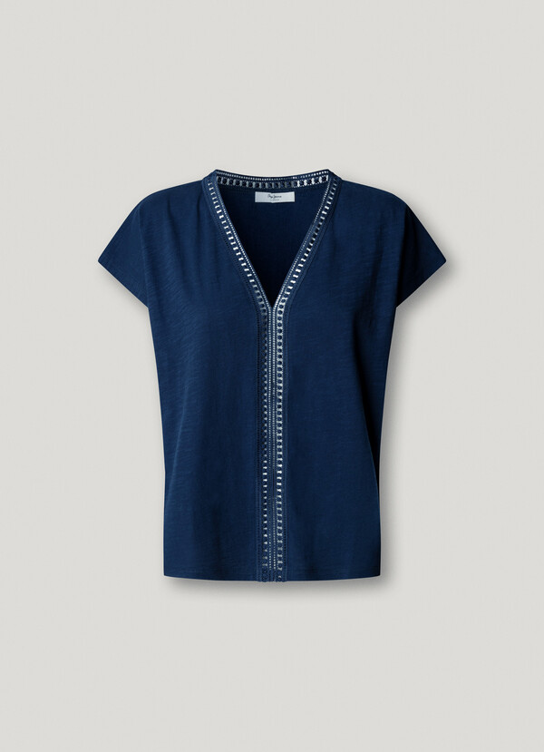 V-NECK T-SHIRT WITH OPENWORK DETAILS