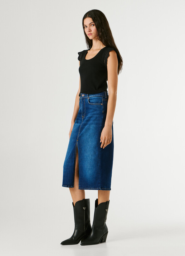 SLIM FIT DENIM MIDI SKIRT
