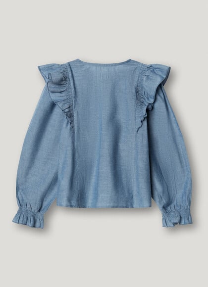 CHAMBRAY RUFFLE BLOUSE