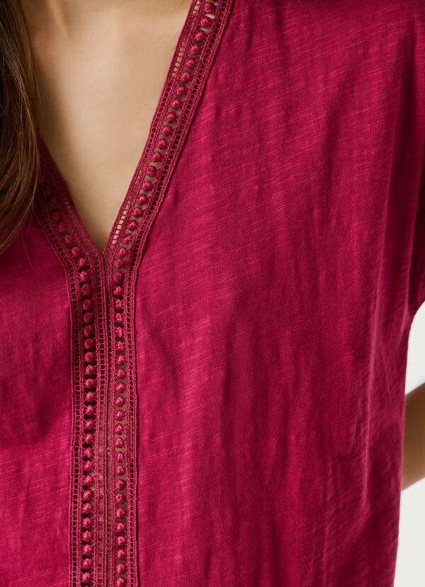 V-NECK T-SHIRT WITH OPENWORK DETAILS