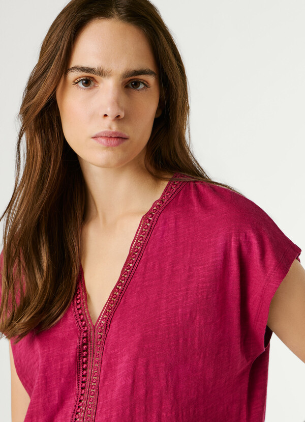 V-NECK T-SHIRT WITH OPENWORK DETAILS