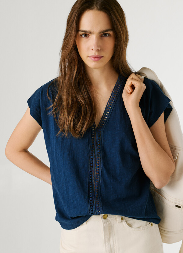 V-NECK T-SHIRT WITH OPENWORK DETAILS