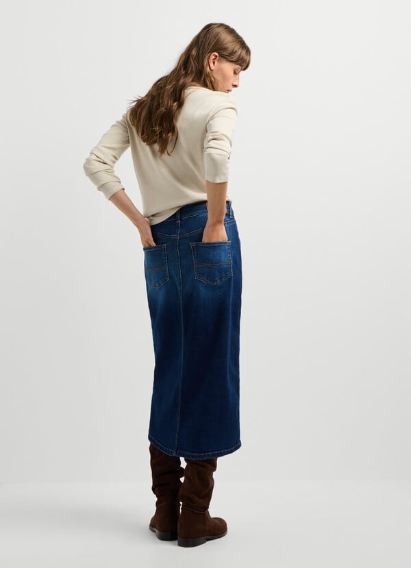 SLIM FIT DENIM MIDI SKIRT