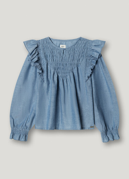 CHAMBRAY RUFFLE BLOUSE