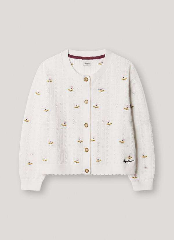 POINTELLE CARDIGAN WITH EMBROIDERED FLOWERS