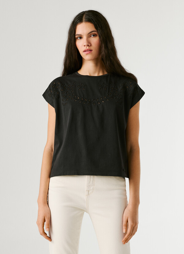 T-SHIRT WITH OPENWORK FLORAL DETAILS