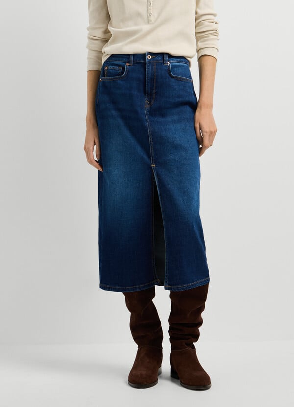 SLIM FIT DENIM MIDI SKIRT
