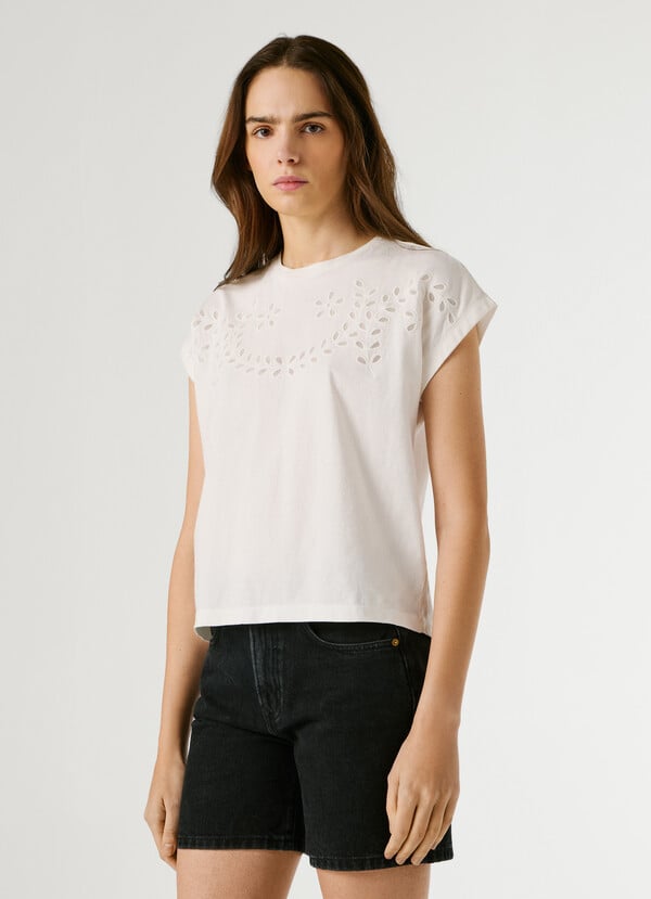 T-SHIRT WITH OPENWORK FLORAL DETAILS