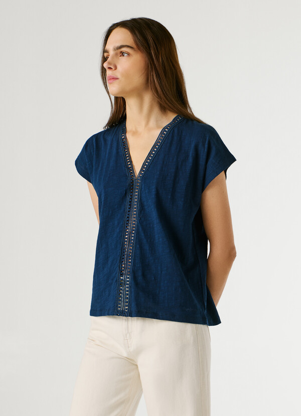 V-NECK T-SHIRT WITH OPENWORK DETAILS