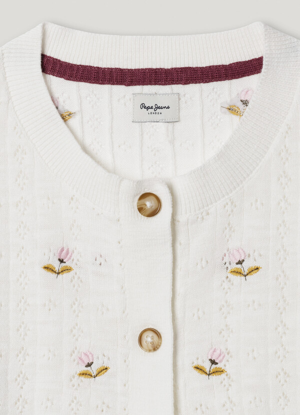 POINTELLE CARDIGAN WITH EMBROIDERED FLOWERS