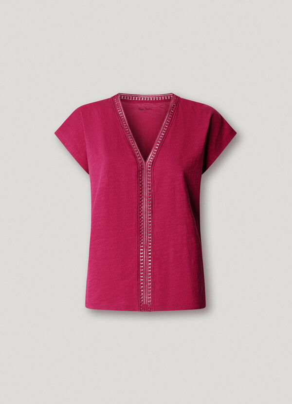 V-NECK T-SHIRT WITH OPENWORK DETAILS