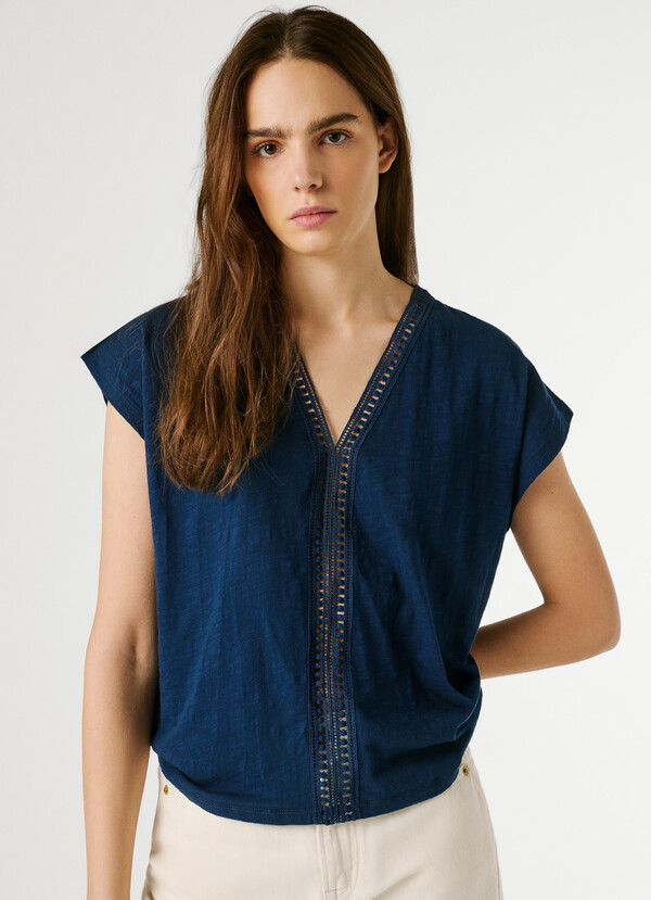 V-NECK T-SHIRT WITH OPENWORK DETAILS