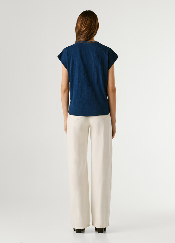 V-NECK T-SHIRT WITH OPENWORK DETAILS