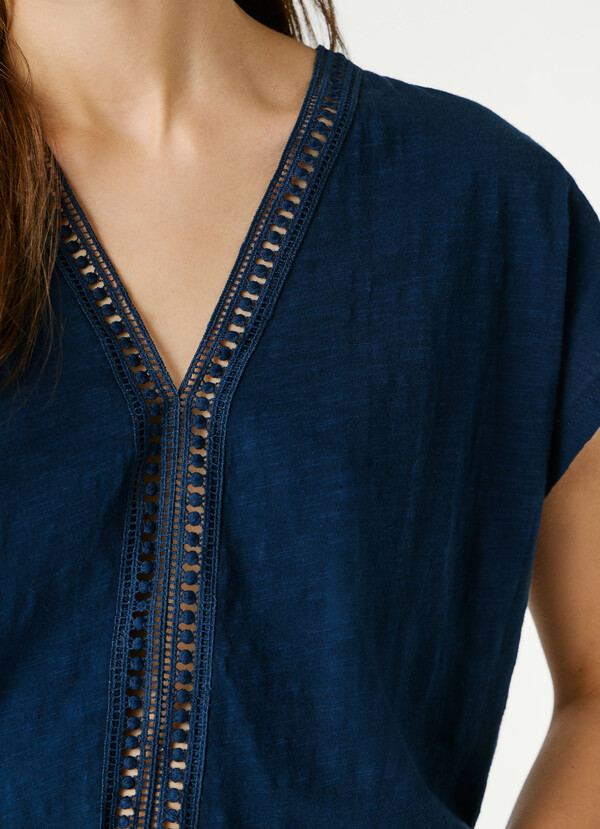 V-NECK T-SHIRT WITH OPENWORK DETAILS
