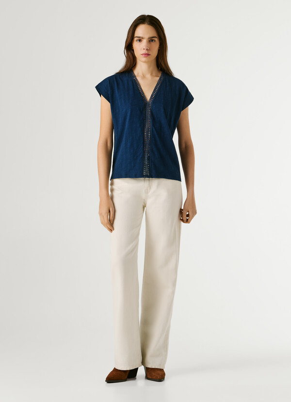 V-NECK T-SHIRT WITH OPENWORK DETAILS