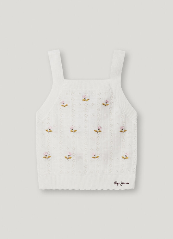 POINTELLE TOP WITH EMBROIDERED FLOWERS
