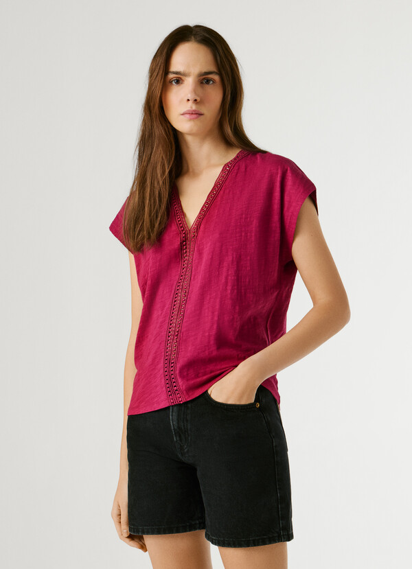 V-NECK T-SHIRT WITH OPENWORK DETAILS