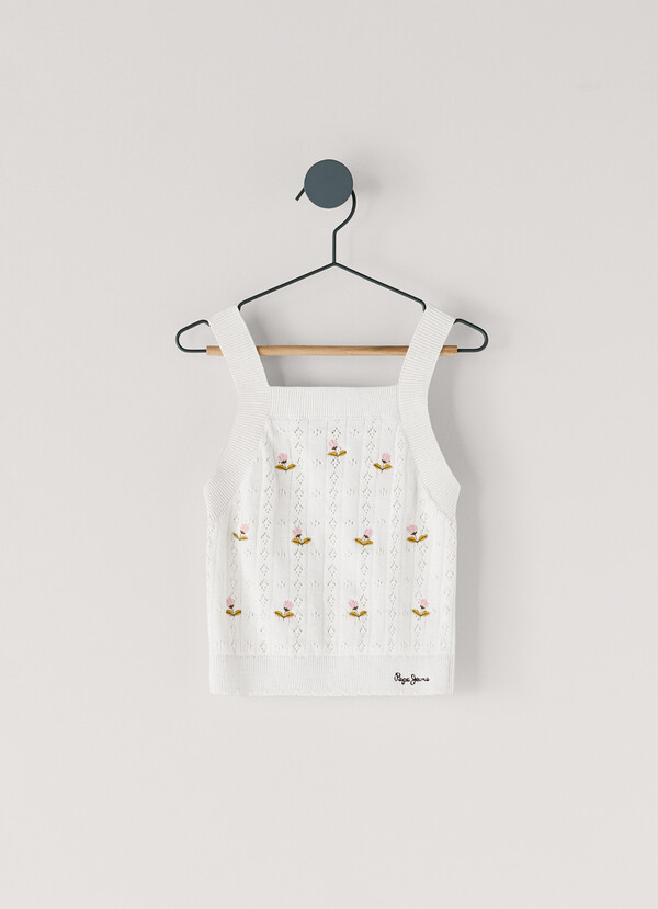 POINTELLE TOP WITH EMBROIDERED FLOWERS