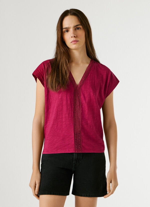 V-NECK T-SHIRT WITH OPENWORK DETAILS