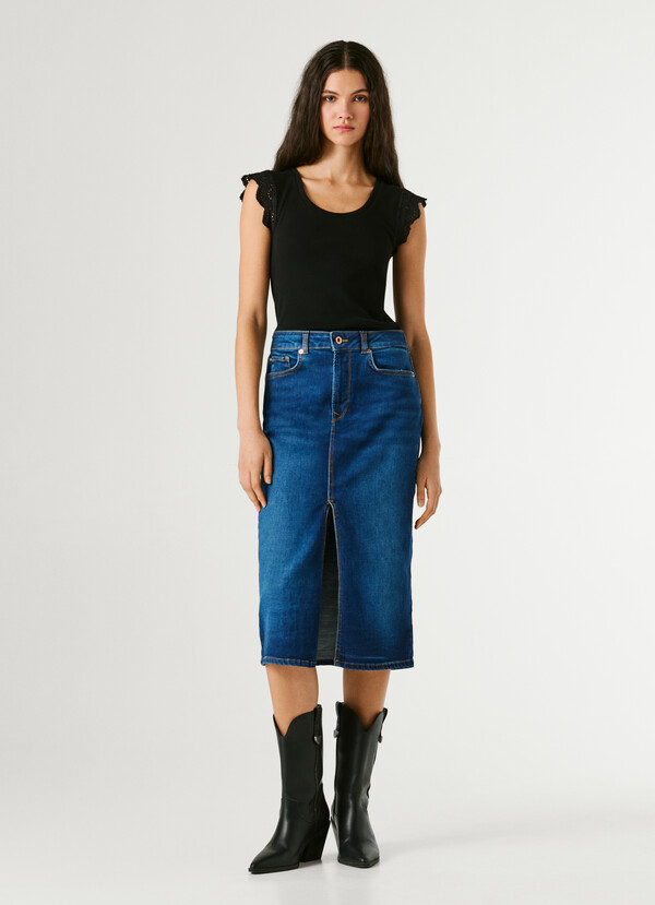 SLIM FIT DENIM MIDI SKIRT