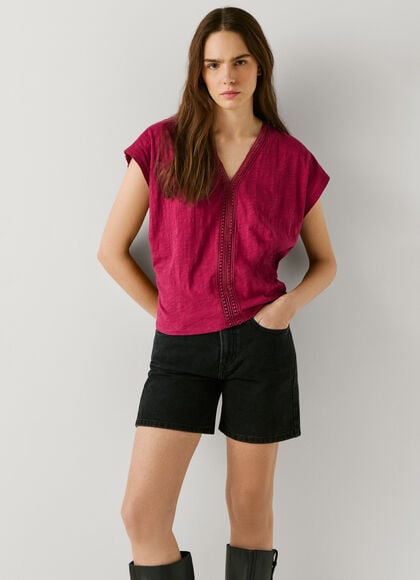 V-NECK T-SHIRT WITH OPENWORK DETAILS